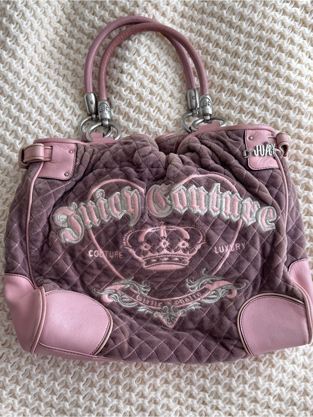 Juicy Couture Quilted Pink Plush Shoulder Bag with Embroidered Logo